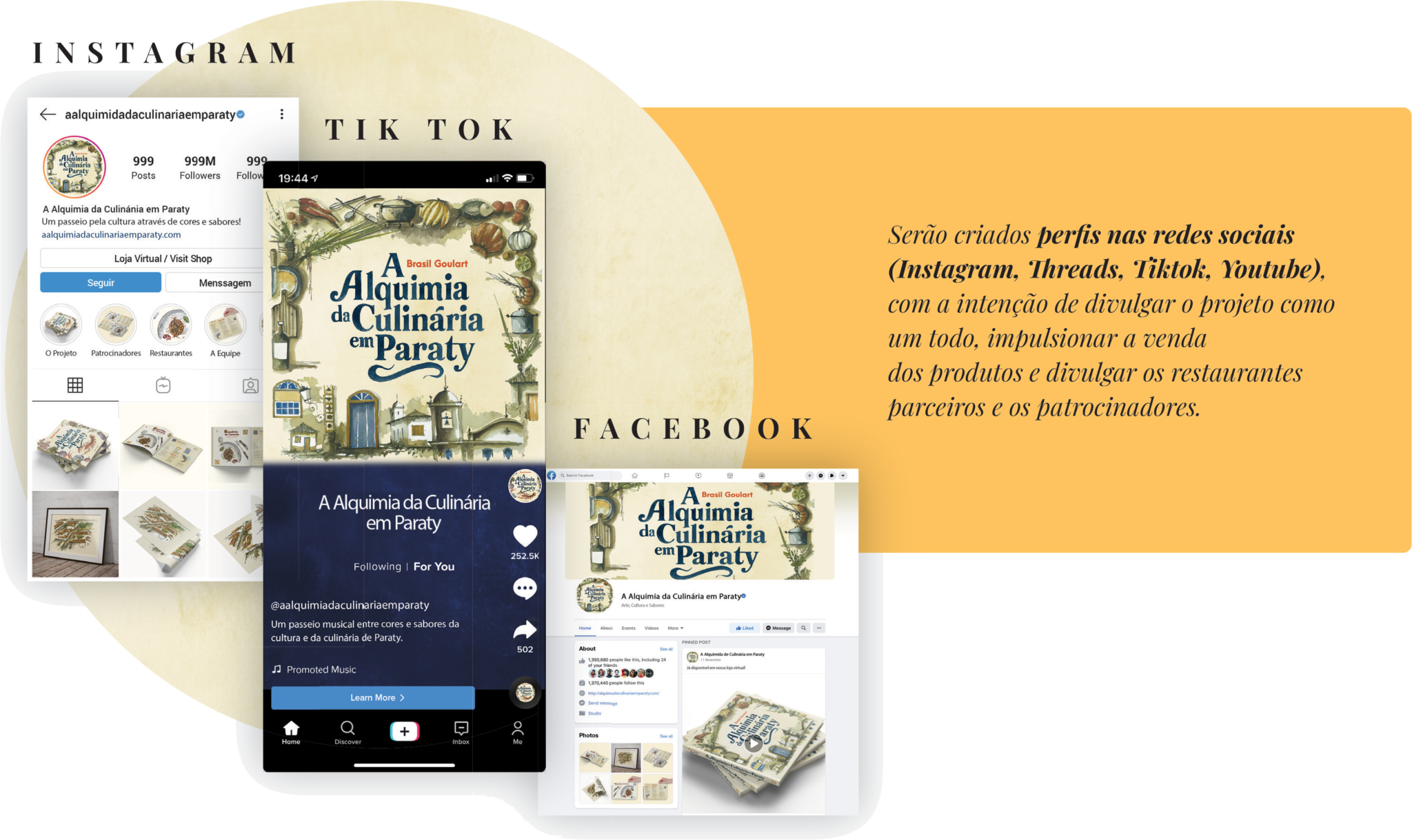 Mockup de redes sociais do projeto Alquimia da Culinária Paraty