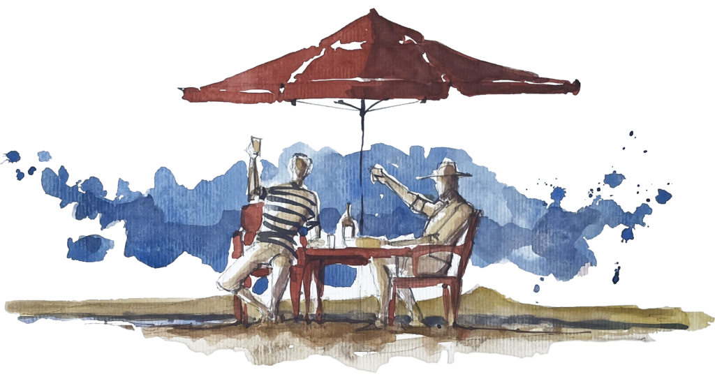 Ilustração de duas pessoas à mesa sob guarda-sol inspirada na gastronomia e clima de Paraty