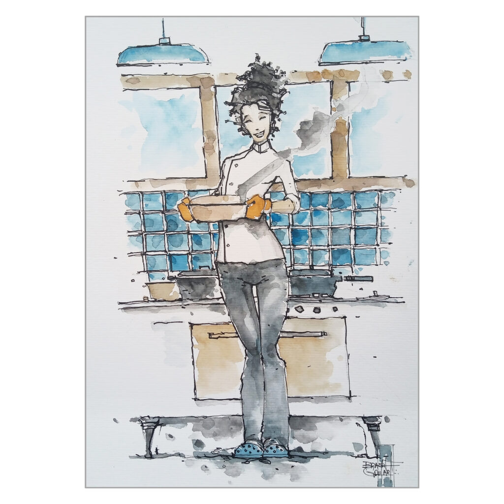 Ilustração de cozinheira sorridente inspirada na culinária de Paraty