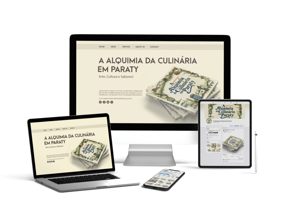 Mockup completo apresentando o site em laptop, tablet e smartphone do projeto "A Alquimia da Culinária em Paraty"