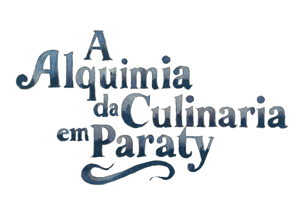 Logotipo estilizado com a inscrição "A Alquimia da Culinária em Paraty" em tipografia cursiva azul, acompanhado pela ilustração de um cozinheiro em um barco.