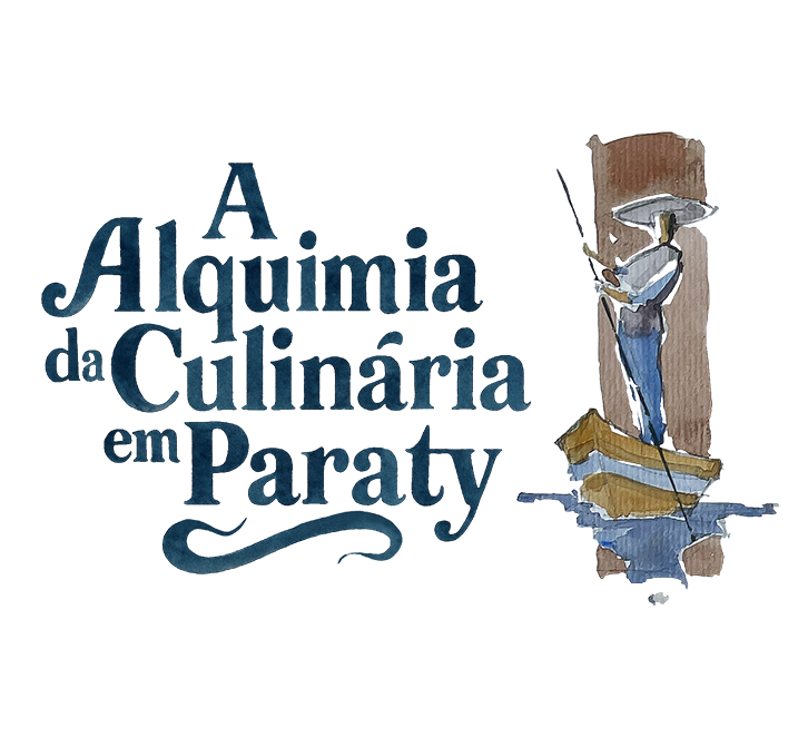 Logotipo "A Alquimia da Culinária em Paraty" com ilustração de um caiçara.