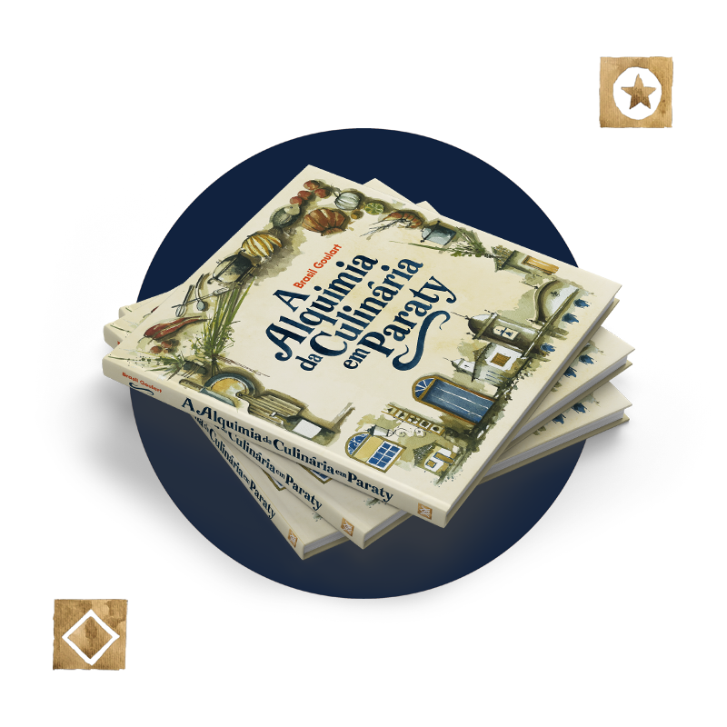 Capa do livro Alquimia da Culinária Paraty com elemento gráfico de bola azul