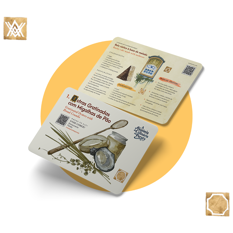 Cards mobile do projeto Alquimia da Culinária Paraty com frente e verso e fundo amarelo