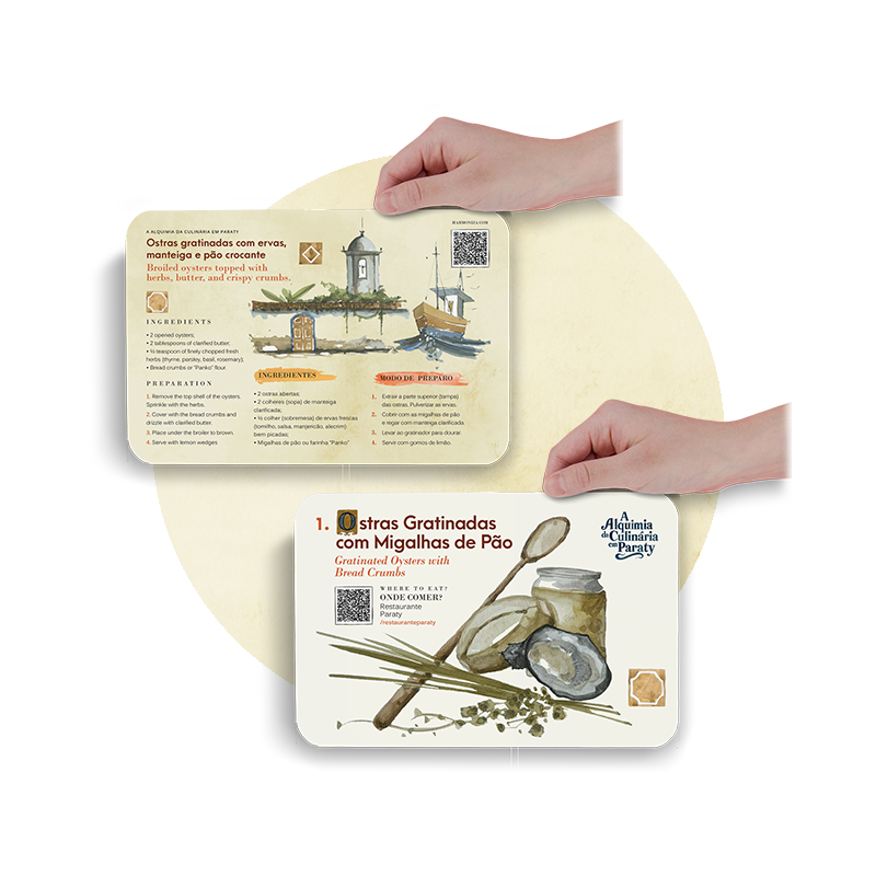 Cards mobile do projeto Alquimia da Culinária Paraty com frente e verso