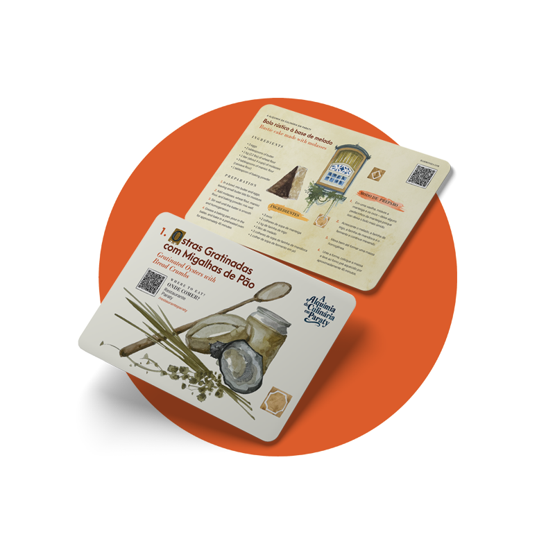 Cards mobile do projeto Alquimia da Culinária Paraty com frente e verso e fundo laranja