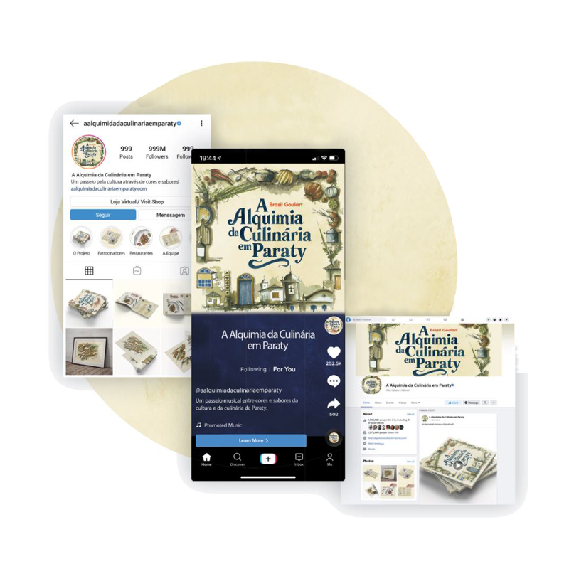 Mockup de redes sociais do projeto Alquimia da Culinária Paraty